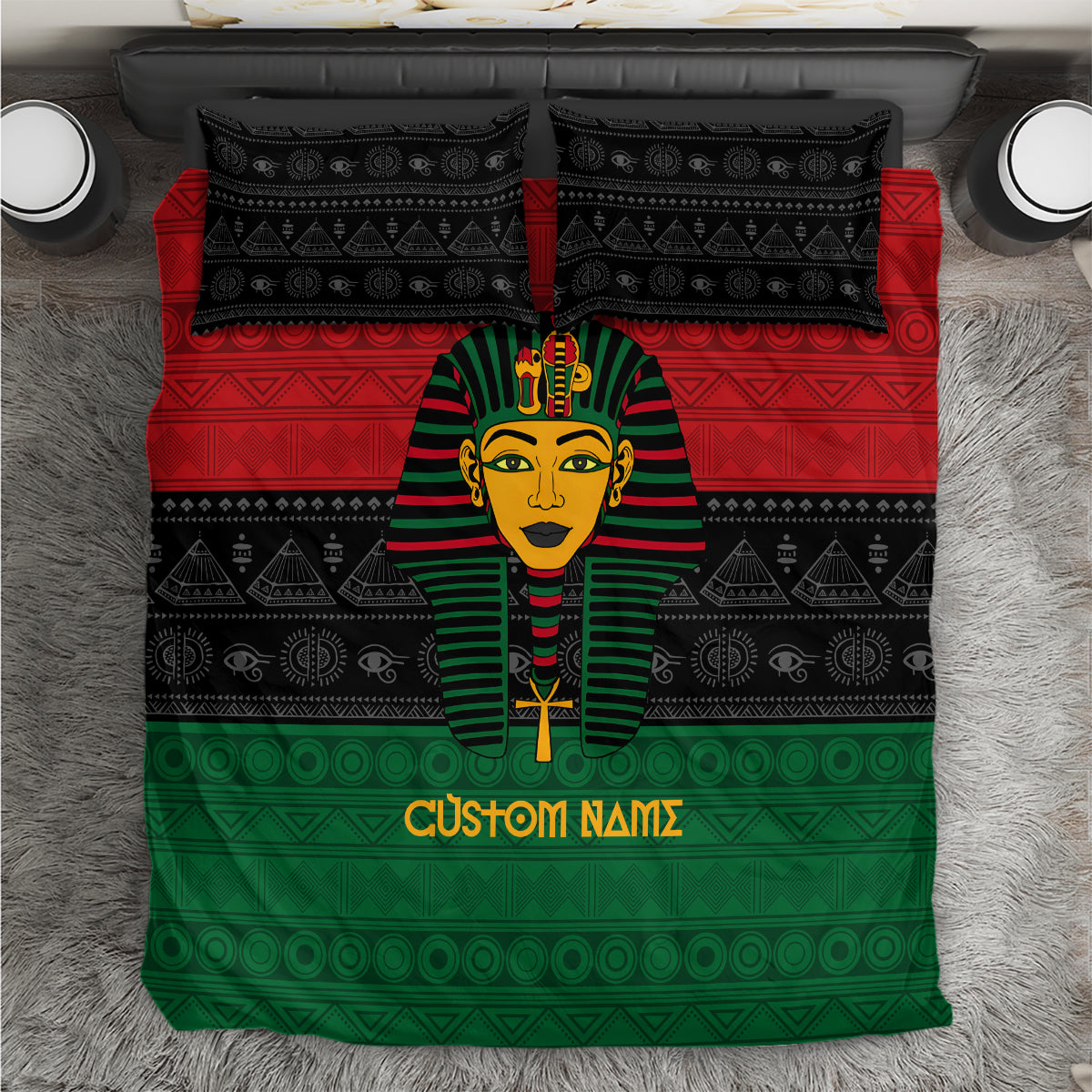 Pharaoh bedding set in black, red, green with 'Custom Namz' text