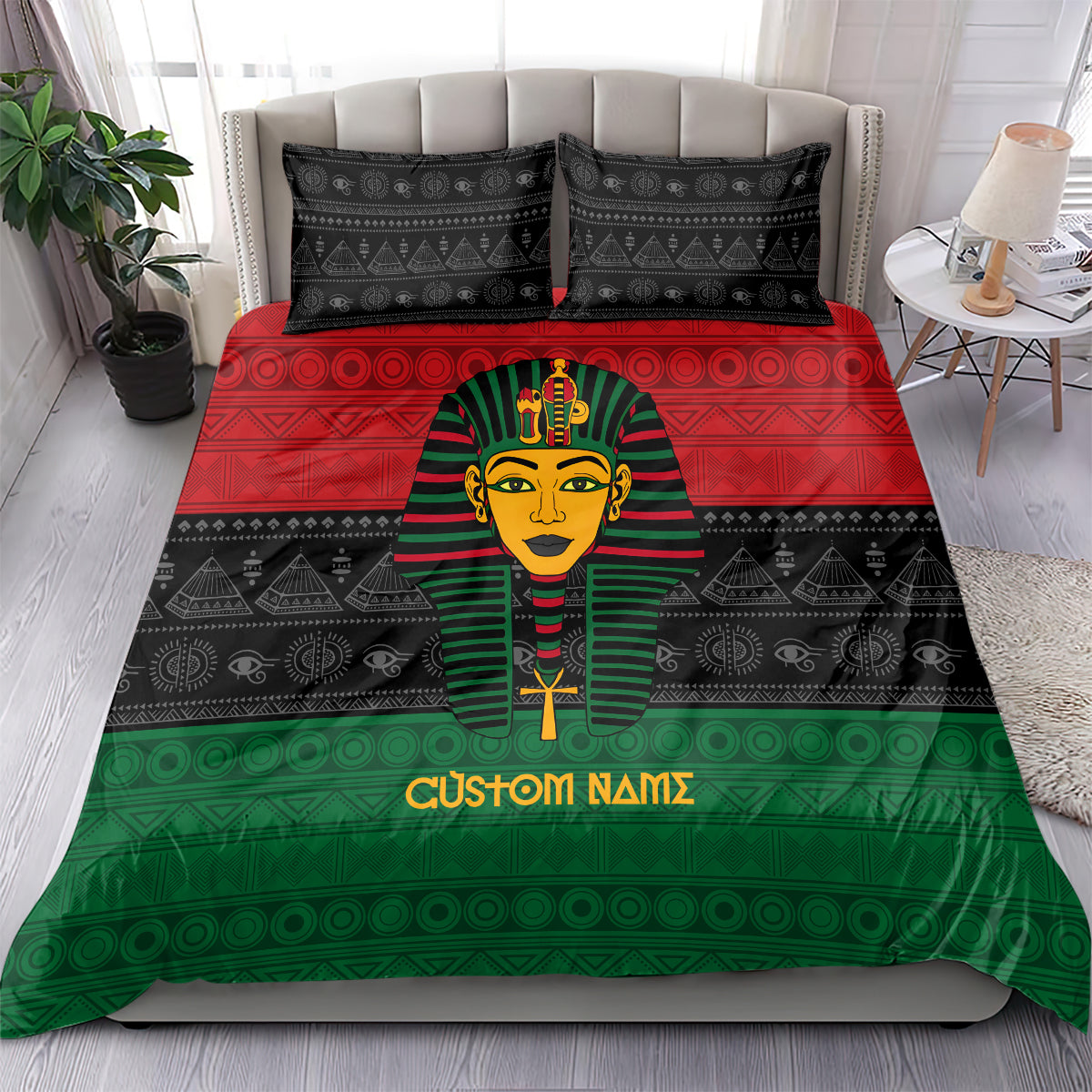 Pharaoh duvet cover with matching pillows, black/red/green pattern and 'Custom Namz'