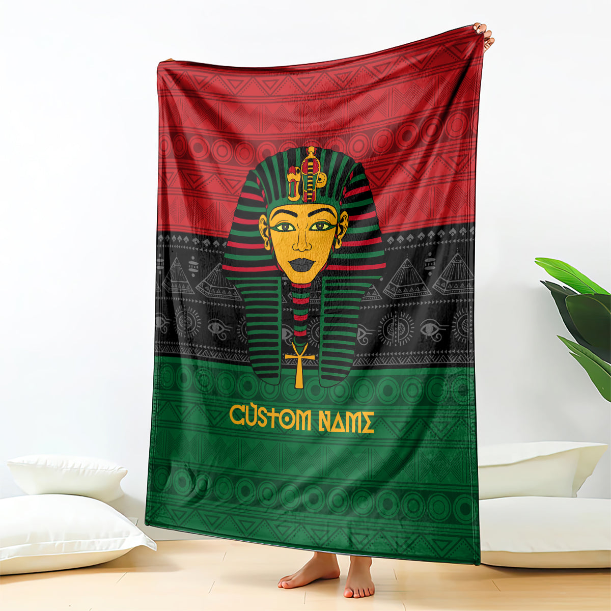 Personalized pharaoh blanket featuring a pharaoh portrait and red-black-green band design