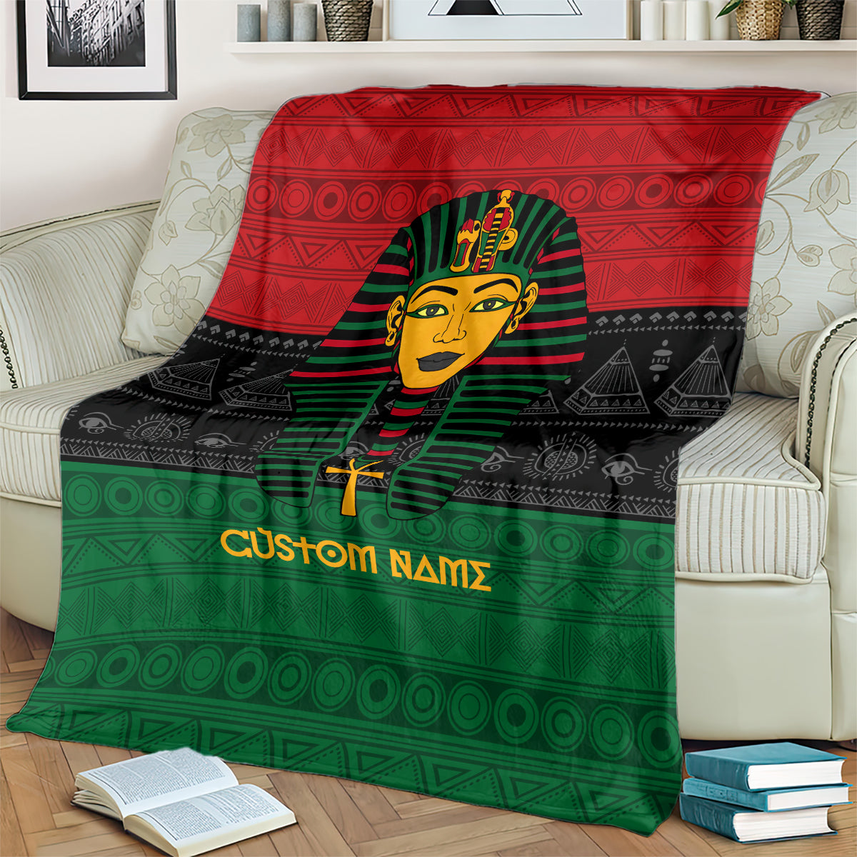Personalized pharaoh blanket with red top band, black middle, and green bottom geometric trim