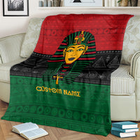 Personalized pharaoh blanket with red top band, black middle, and green bottom geometric trim