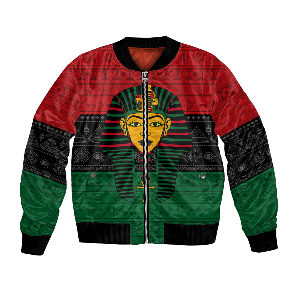 Unisex bomber jacket in red, green and black with Pharaoh graphic and zip front