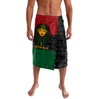 Personalized pharaoh lavalava wrap skirt, black with red and green panels, custom name text