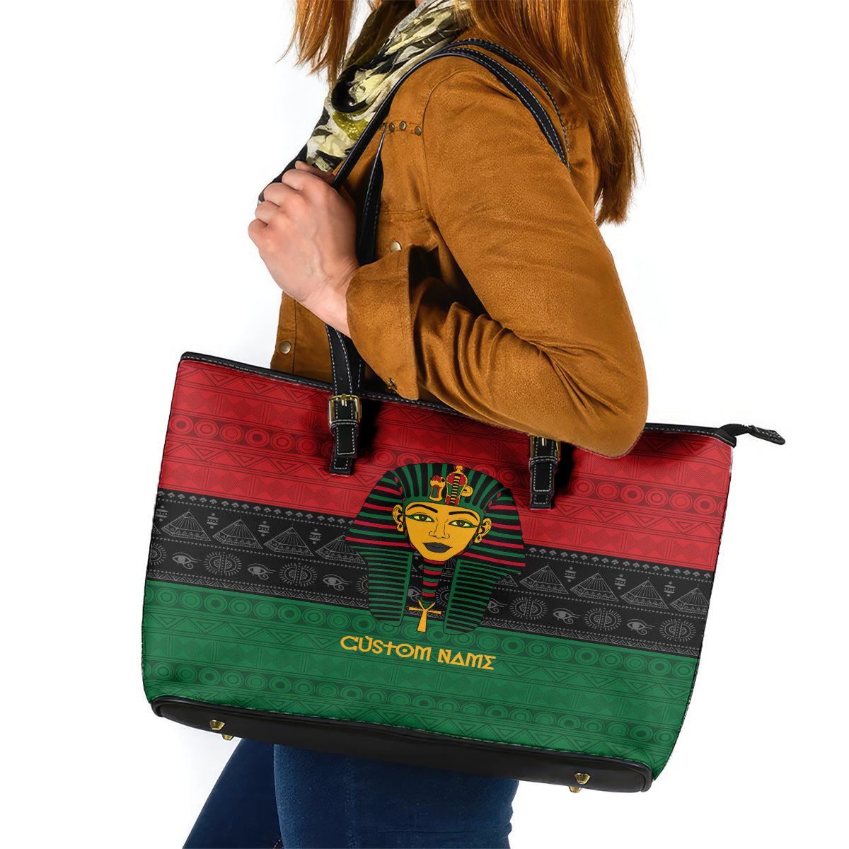 Personalized Pharaoh In Pan-African Colors Leather Tote Bag Ancient Egypt - Wonder Print Shop