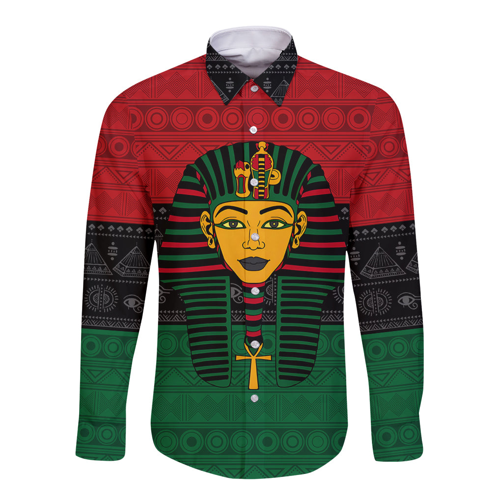 Personalized long-sleeve button shirt with pharaoh graphic in red, green, and black