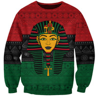 Unisex crewneck sweatshirt with Pharaoh portrait in red, green, and black graphic pattern