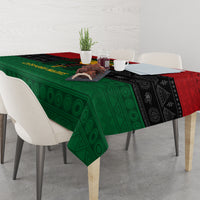 Tablecloth with red, green, black geometric and Egyptian pharaoh design