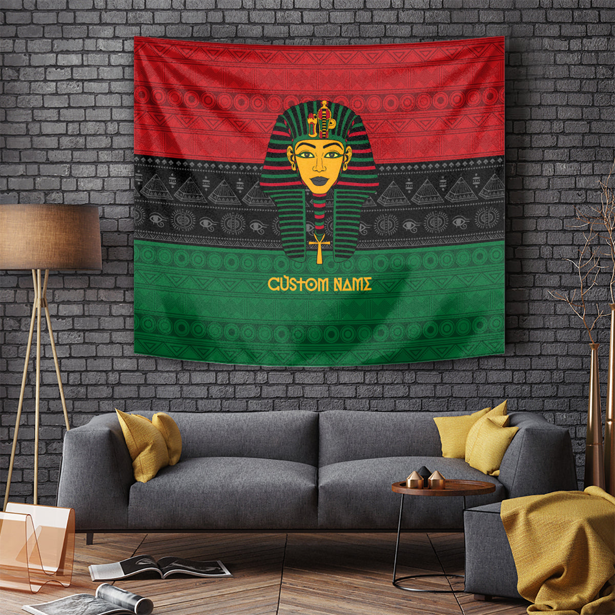 Egyptian pharaoh wall tapestry with red, black, and green bands and custom name text