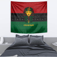 Egyptian pharaoh tapestry with red, black, and green horizontal patterns and custom name text