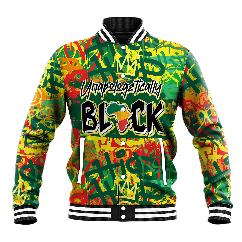 Personalized green graffiti baseball jacket with Unapologetically BLACK front print