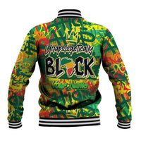Personalized green graffiti baseball jacket with large BLACK back print and Your Name text