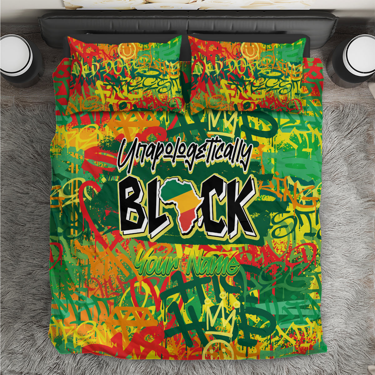 Close-up of green bedding set showing bold black graphic lettering and matching pillowcases