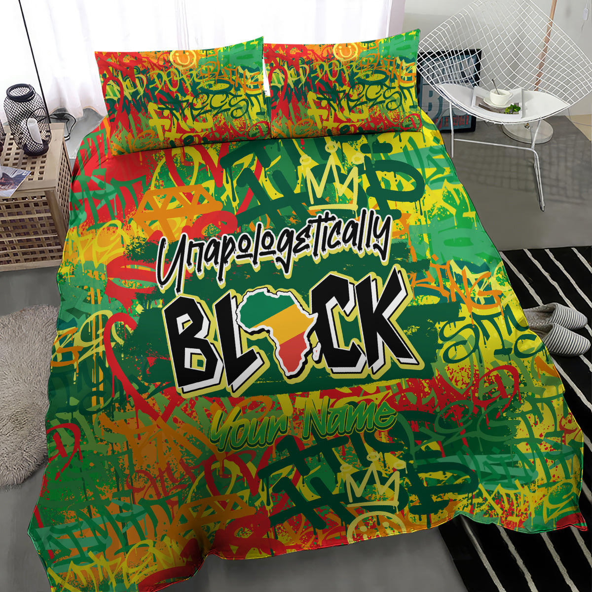 Colorful green bedding set with bold black graphic lettering and matching pillowcases