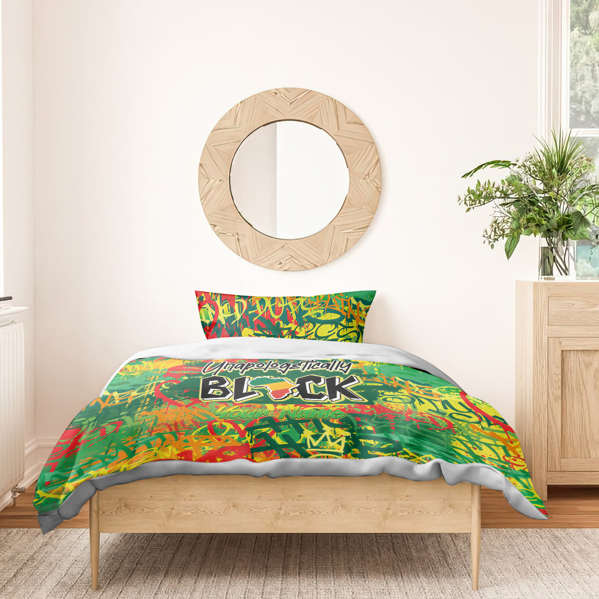 Colorful green duvet bedding set with bold black graphic lettering, no pillow shams visible