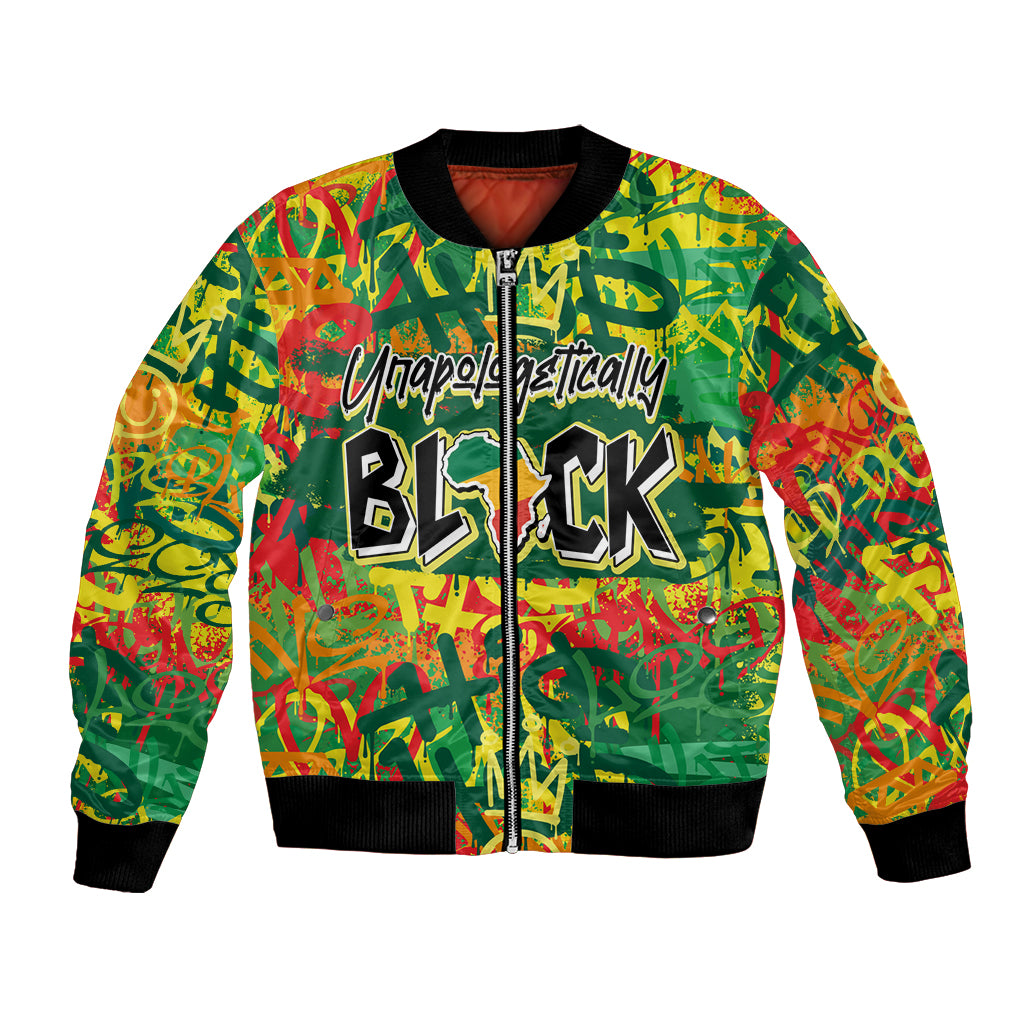 Green graffiti bomber jacket with zipper, ribbed cuffs, and 'Unapologetically Black' print