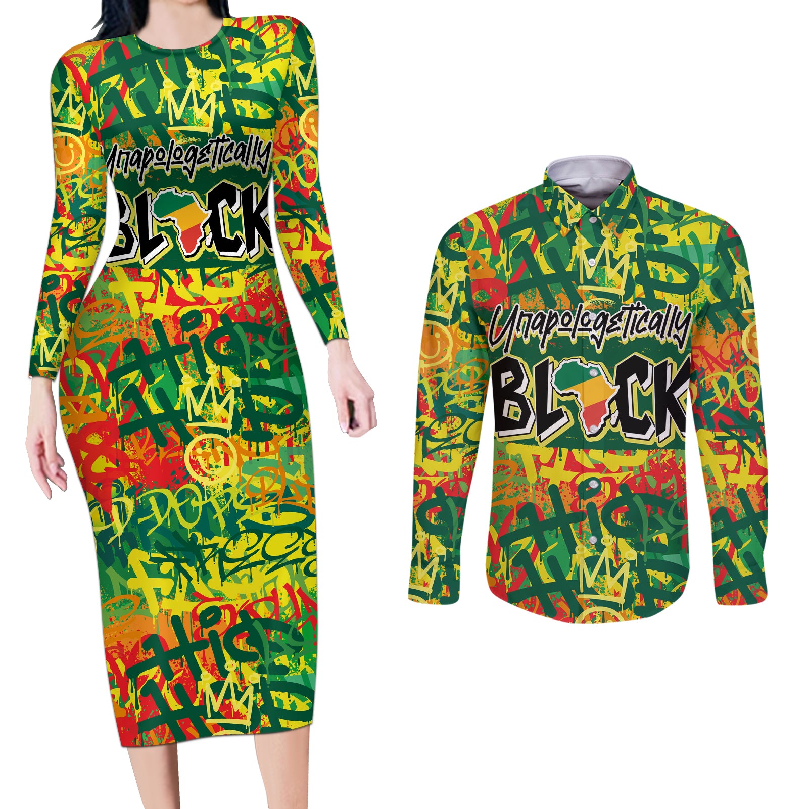 Personalized Colorful African Unapologetically Black Couples Matching Long Sleeve Bodycon Dress and Long Sleeve Button Shirt - Wonder Print Shop