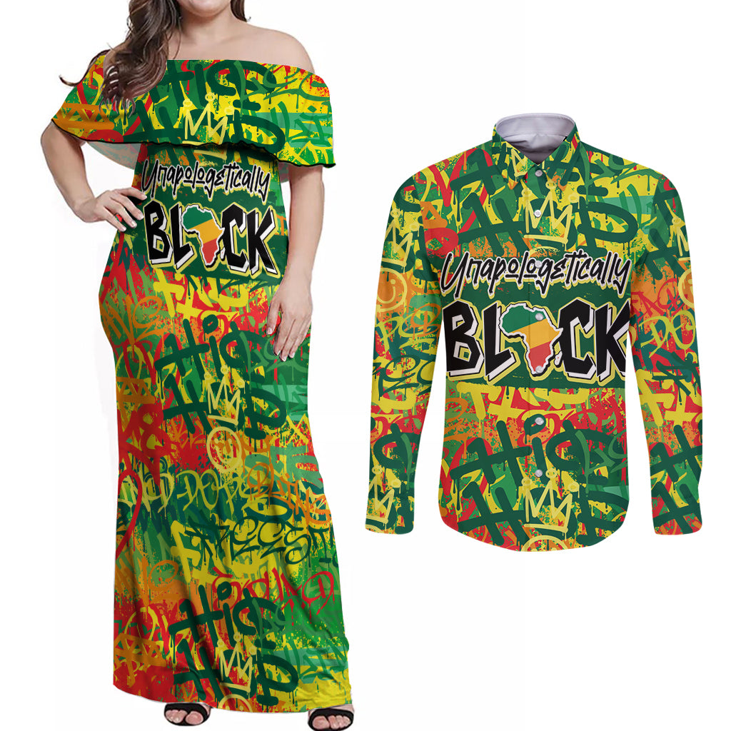 Personalized Colorful African Unapologetically Black Couples Matching Off Shoulder Maxi Dress and Long Sleeve Button Shirt - Wonder Print Shop