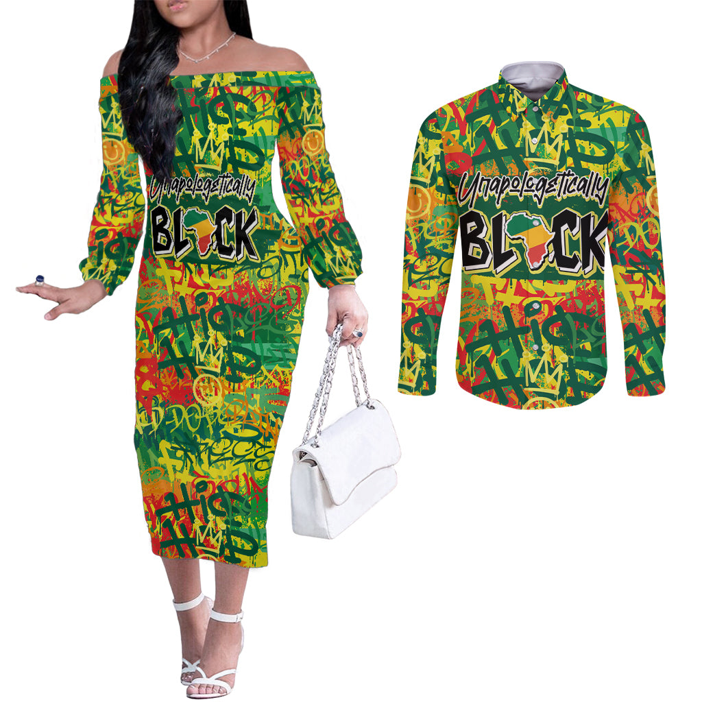 Personalized Colorful African Unapologetically Black Couples Matching Off The Shoulder Long Sleeve Dress and Long Sleeve Button Shirt