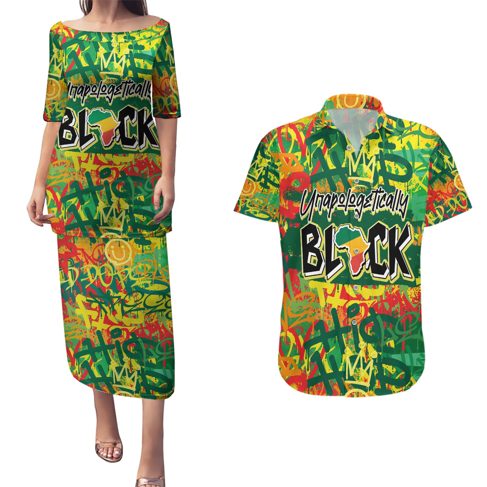 Personalized Colorful African Unapologetically Black Couples Matching Puletasi and Hawaiian Shirt - Wonder Print Shop