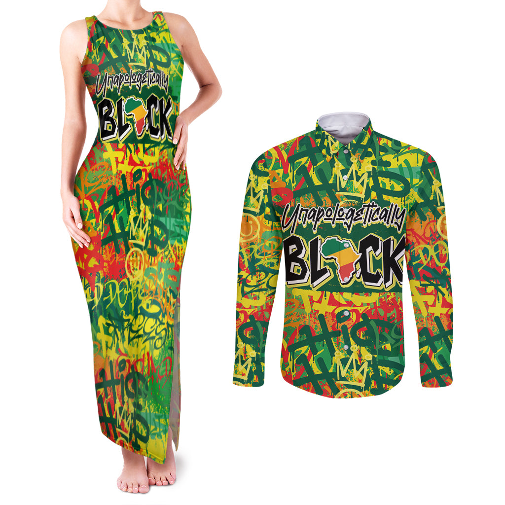 Personalized Colorful African Unapologetically Black Couples Matching Tank Maxi Dress and Long Sleeve Button Shirt - Wonder Print Shop