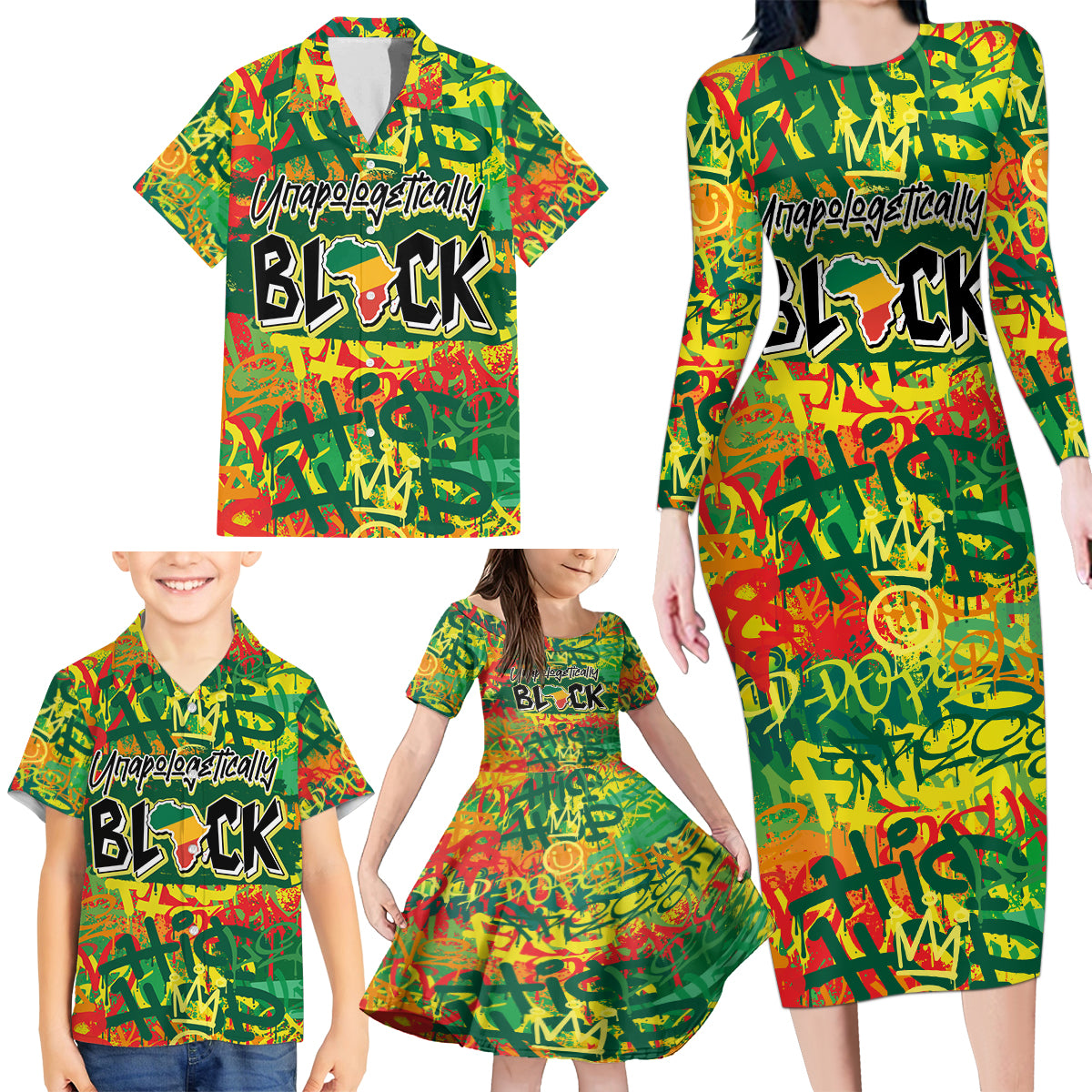 Personalized Colorful African Unapologetically Black Family Matching Long Sleeve Bodycon Dress and Hawaiian Shirt - Wonder Print Shop