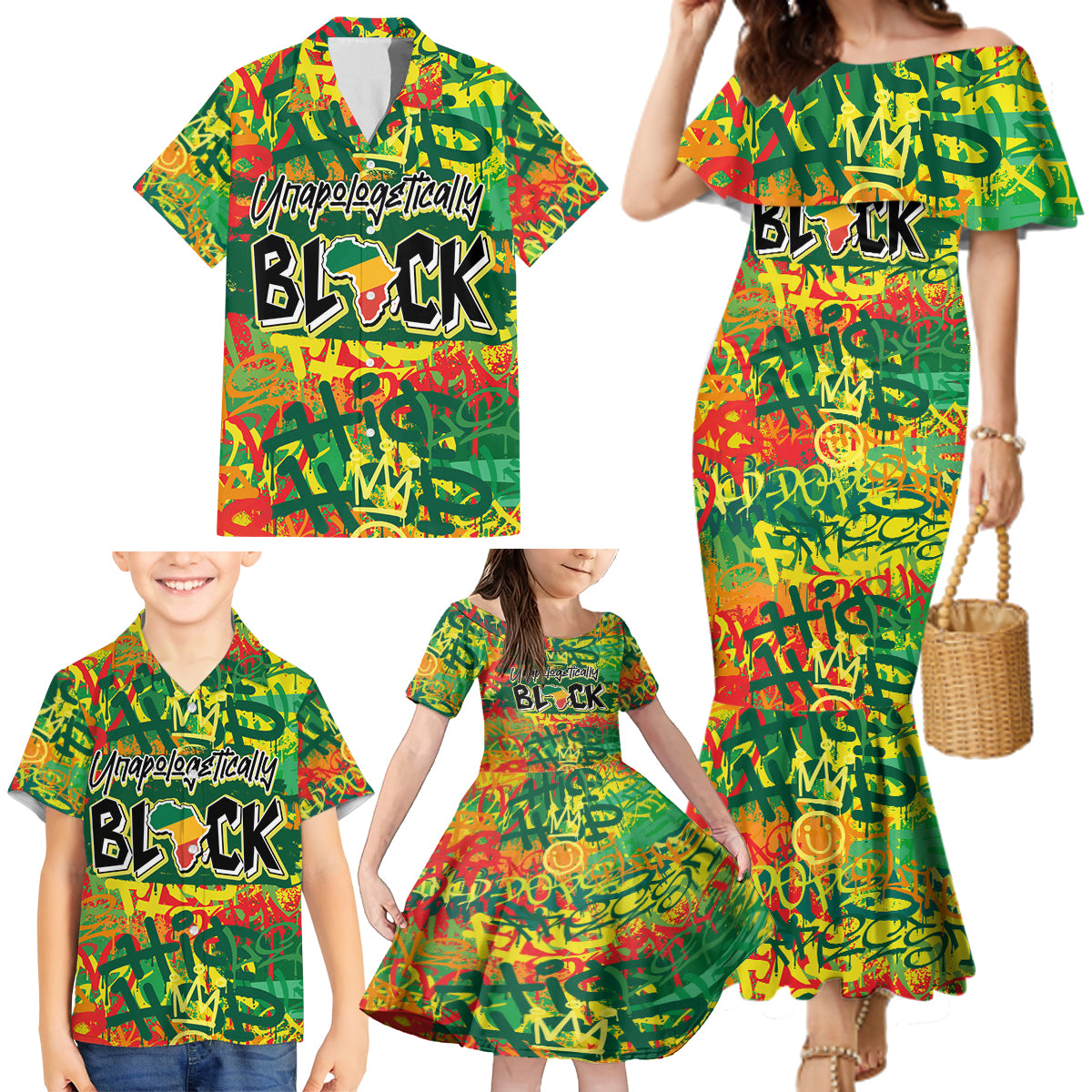 Personalized Colorful African Unapologetically Black Family Matching Mermaid Dress and Hawaiian Shirt - Wonder Print Shop