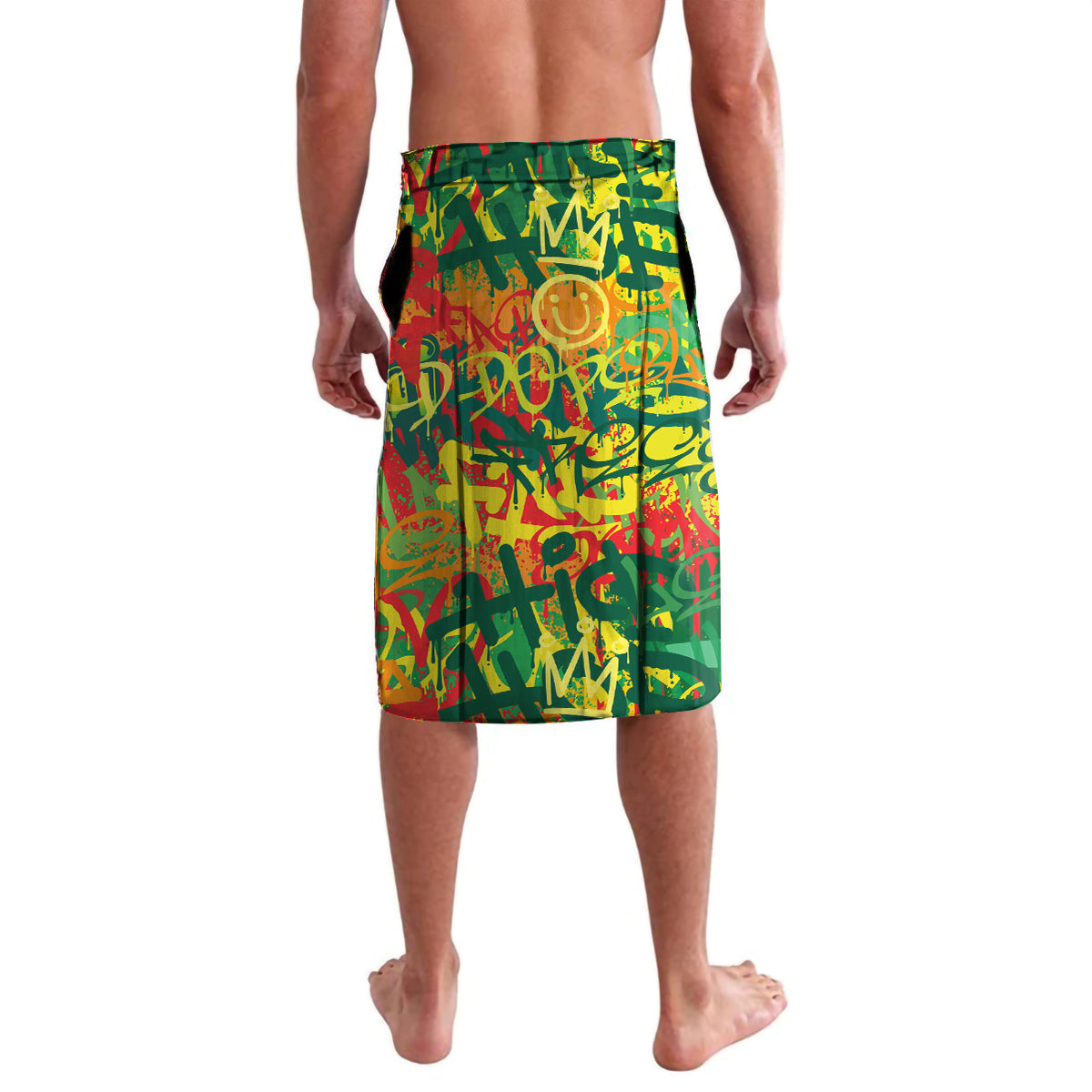 Green knee-length lavalava wrap skirt with red and yellow graffiti print