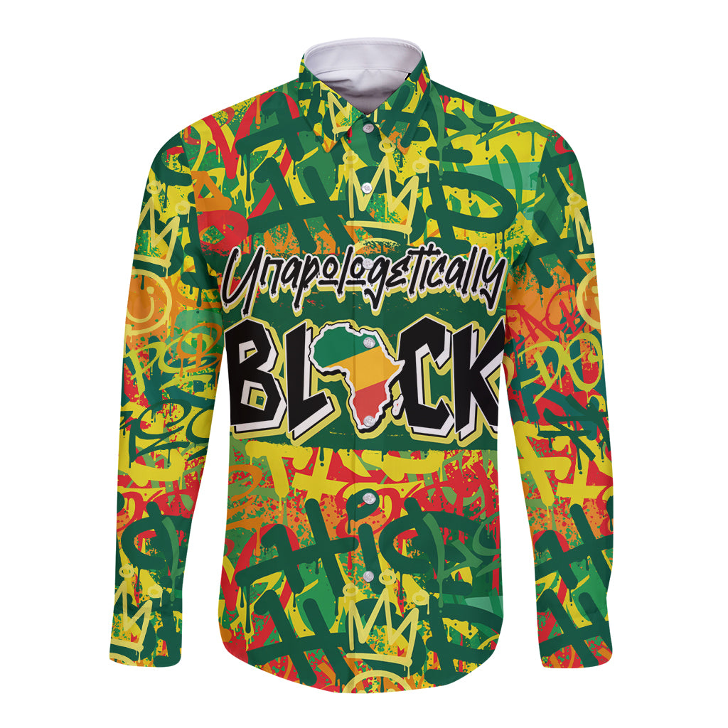 Green long-sleeve button shirt with colorful graffiti print, 'Unapologetically BLACK' front