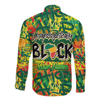 Green long-sleeve button shirt with graffiti print, 'Unapologetically BLACK' and 'Your Name'