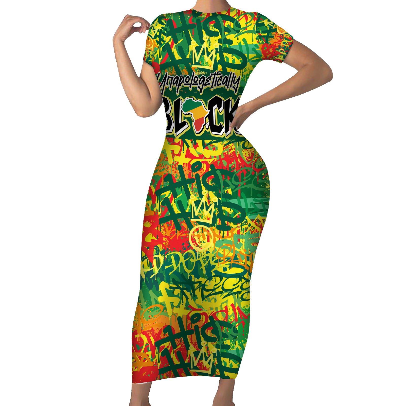 Personalized Colorful African Unapologetically Black Short Sleeve Bodycon Dress