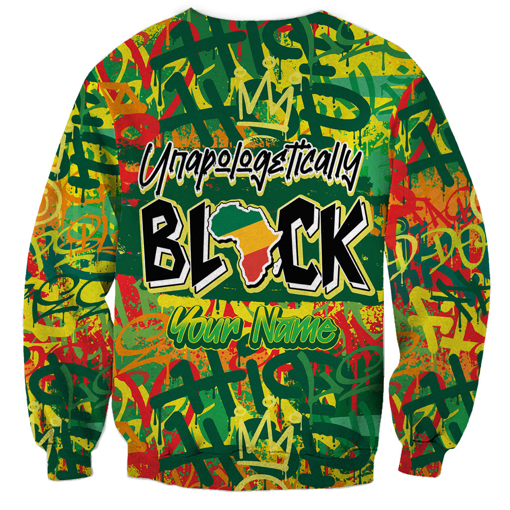 Unisex green graphic sweatshirt with 'Unapologetically BLACK' and 'Your Name' front text