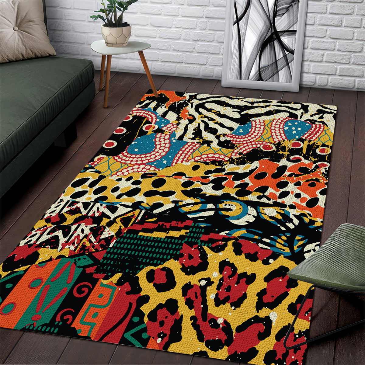 Colorful animal-pattern area rug with multicolor geometric spots and bold accents