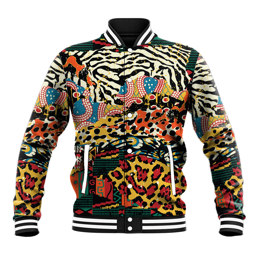 Unisex baseball jacket with colorful African animal print, ribbed collar and striped cuffs