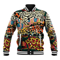 Unisex baseball jacket with colorful African animal print, ribbed collar and striped cuffs