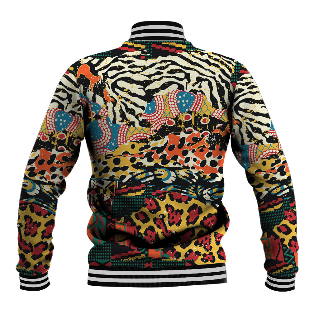 Unisex baseball jacket back with colorful animal-themed graphic, ribbed collar and striped hem