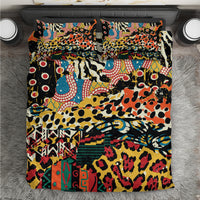 Animal-pattern bedding set viewed from above with duvet cover and two pillows