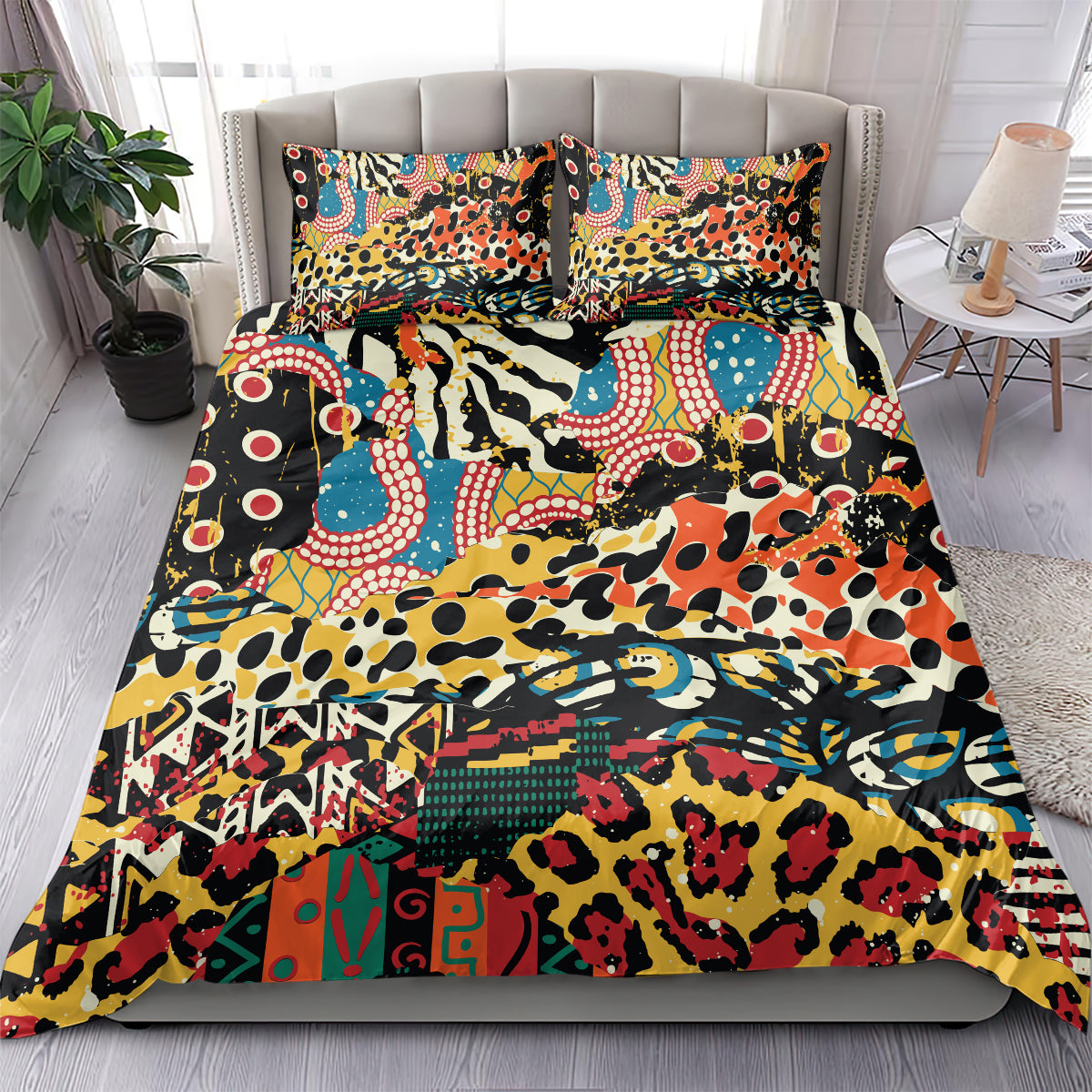 Africa animal print bedding set with multicolor patterned duvet and two matching pillows