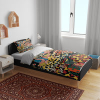 Animal-pattern bedding set on bed with duvet cover and two matching pillows