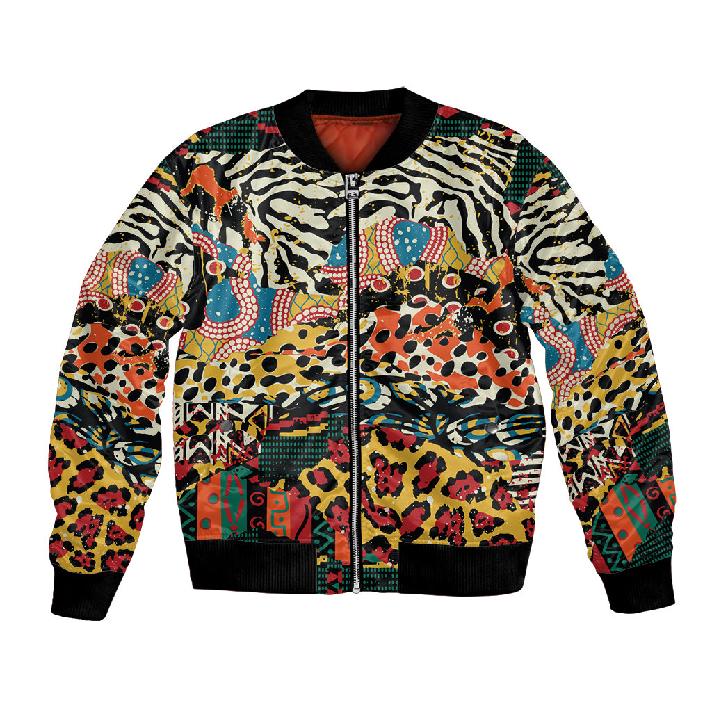 Unisex bomber jacket with colorful African animal print, front zipper, ribbed cuffs/hem.