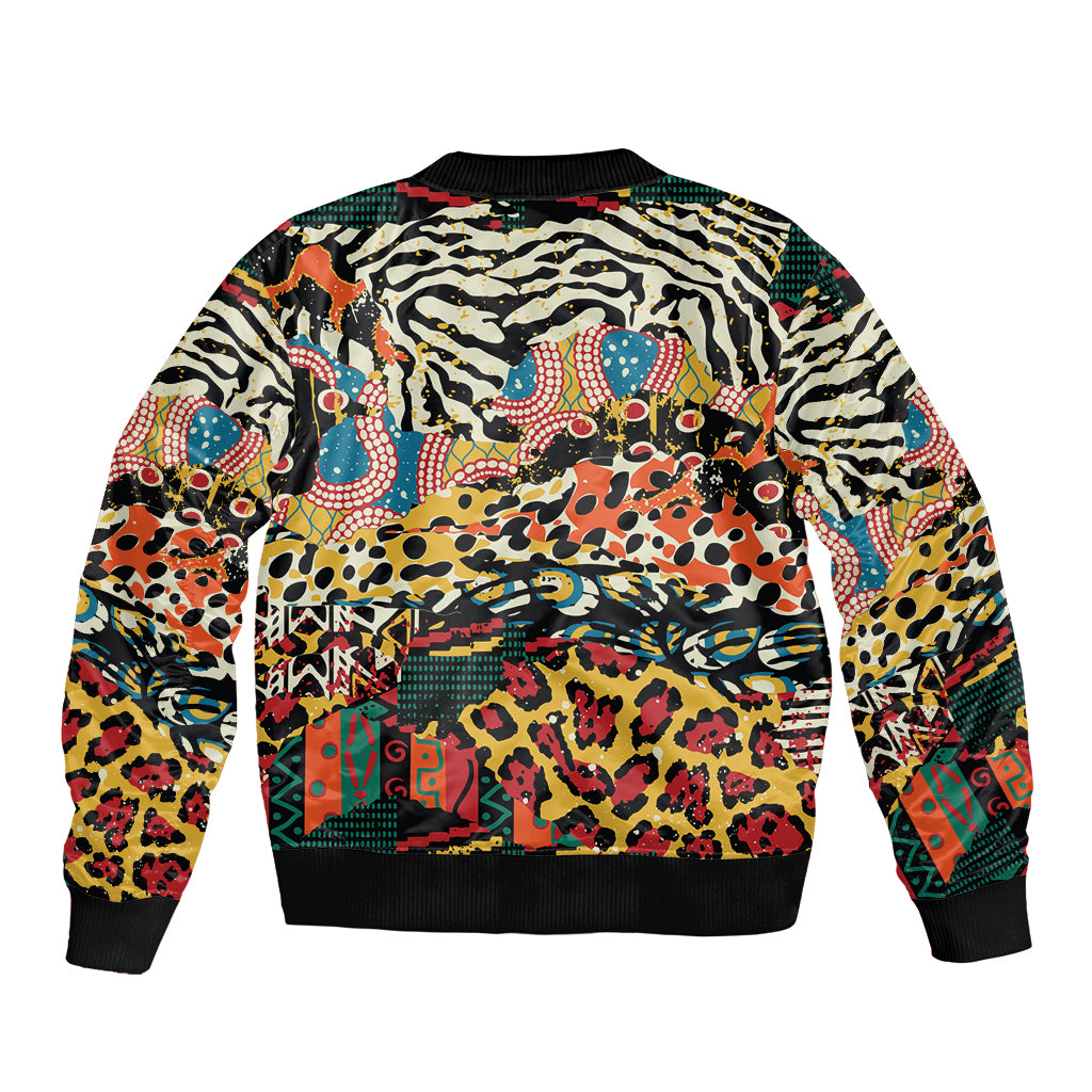 Unisex bomber jacket with bold animal collage print, ribbed collar, zip front, cuffs/hem.