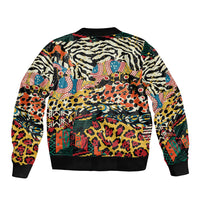 Unisex bomber jacket with bold animal collage print, ribbed collar, zip front, cuffs/hem.