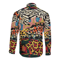 Unisex long-sleeve button-up shirt with colorful animal print back view, collared