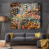 Africa animal pattern tapestry, vibrant leopard and zebra-style collage on black