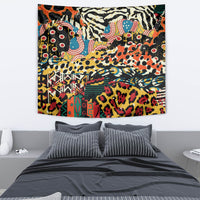 Africa animal pattern tapestry hanging above a bed, vibrant animal and tribal design