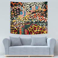 Africa animal pattern tapestry, bright wildlife-inspired collage with tribal blocks