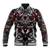 Unisex baseball jacket with red, black, and silver wolf head graphic and ribbed collar