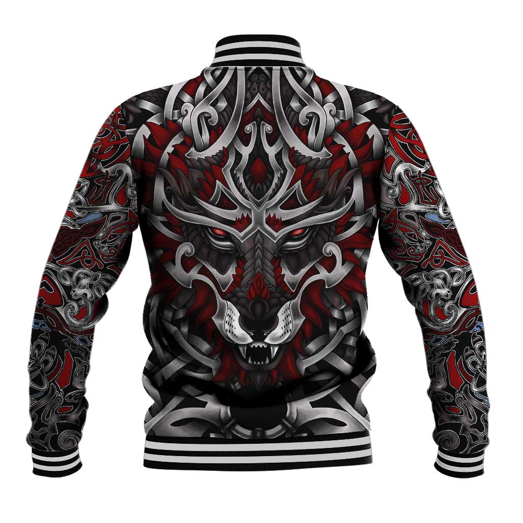Unisex baseball jacket with large back wolf emblem in red, black, and silver and ribbed collar