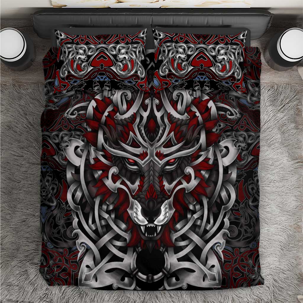 Wolf motif duvet cover with red and gray braided pattern, dark accents