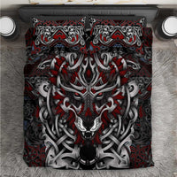 Wolf motif duvet cover with red and gray braided pattern, dark accents