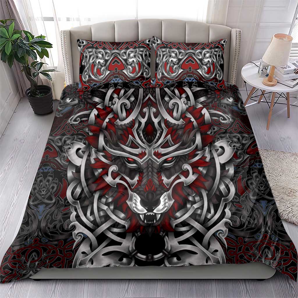 Norse wolf bedding set with duvet cover and two matching pillow shams, red and gray